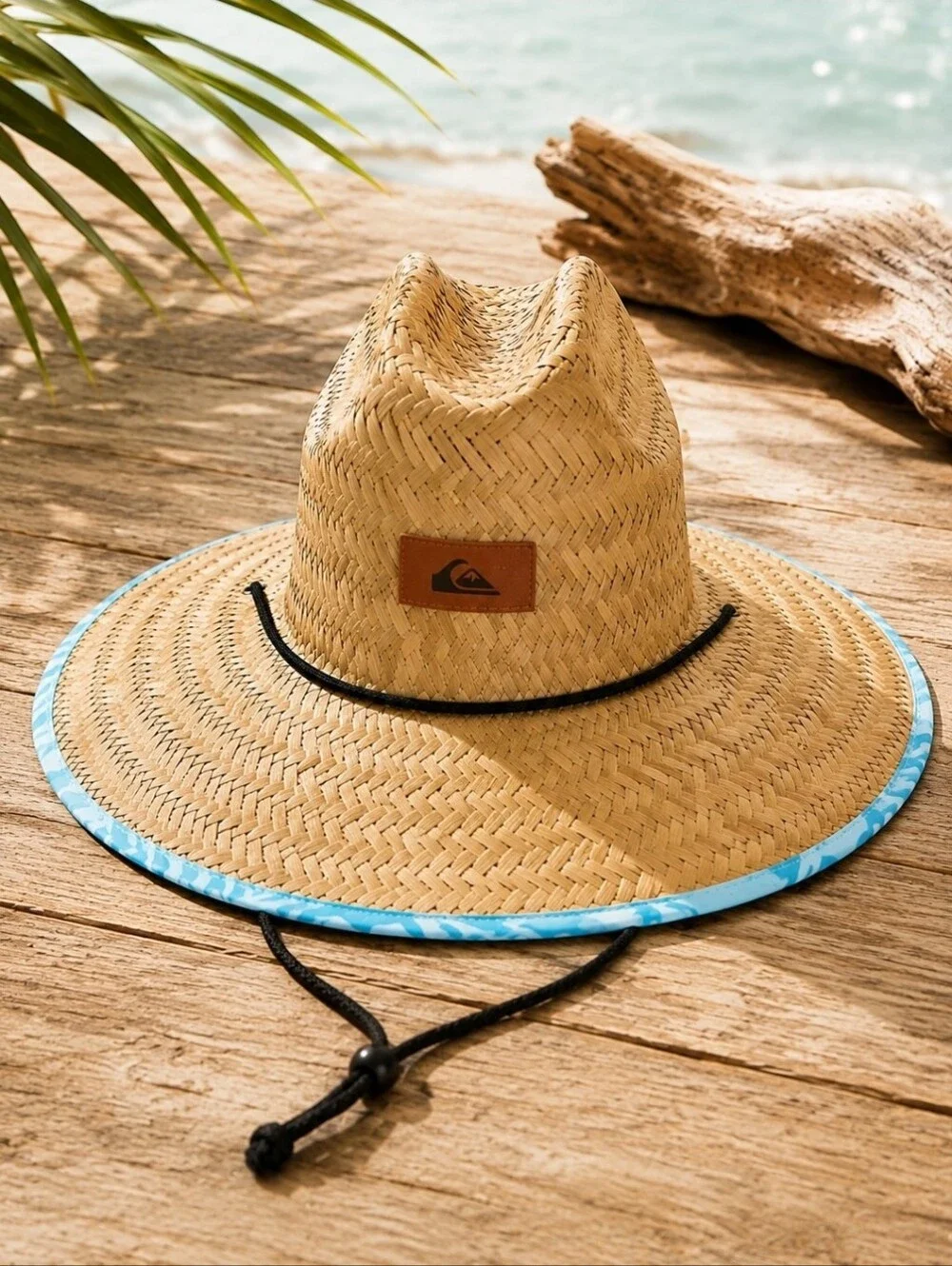 NWT Quiksilver XXL Straw Lifeguard Hat Wide Brim Blue Underside Beach Fishing